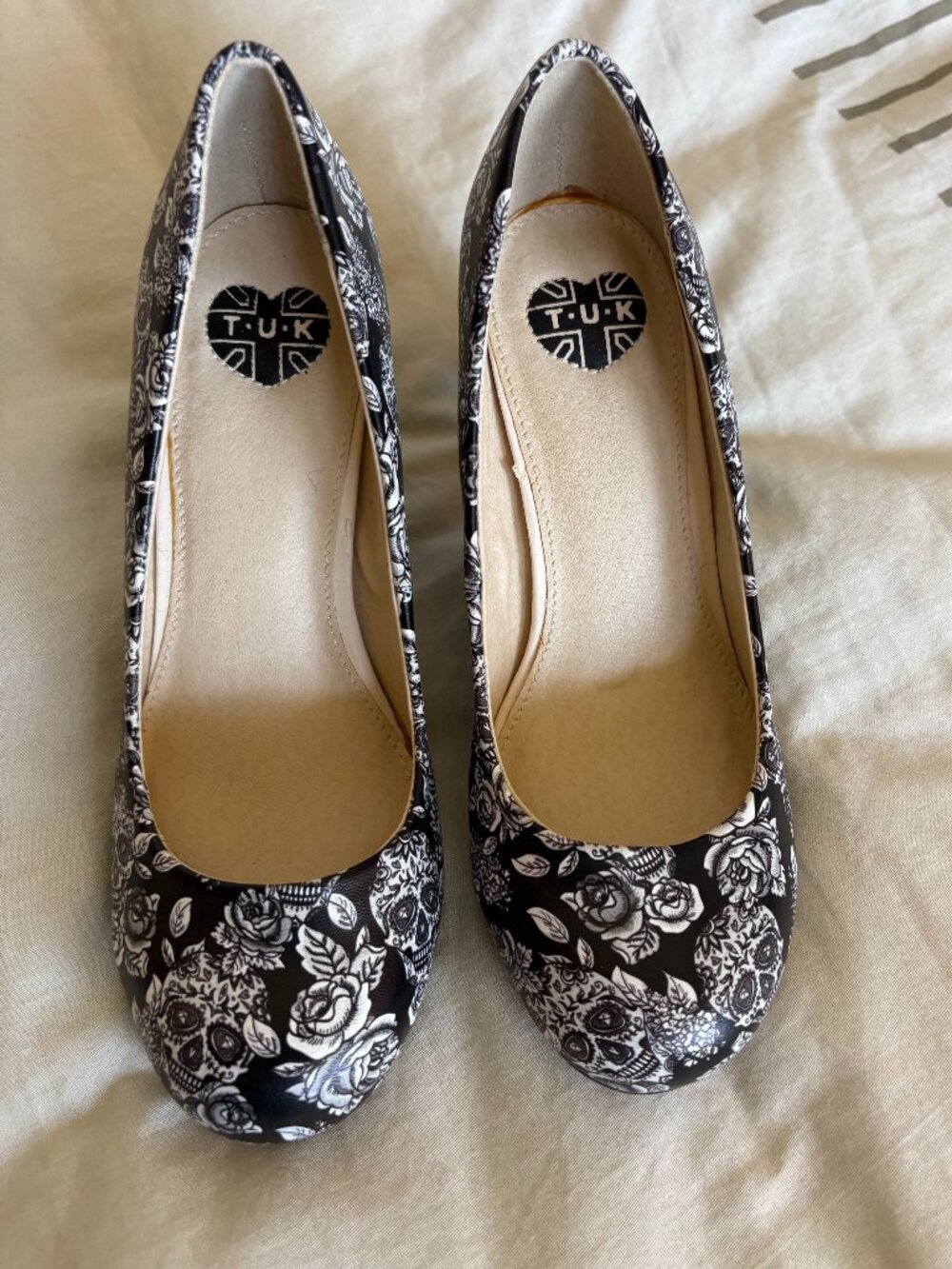 T.U.K. Black & White Sugar Skull & Roses Anti-Pop Heels